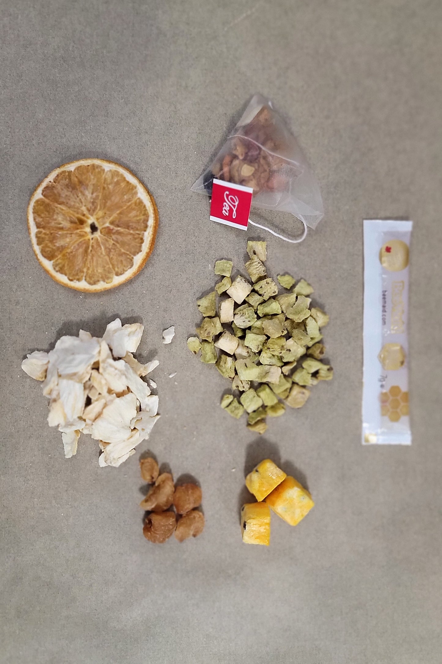 Caffeine Free Freeze Dried Kiwi Pineapple & Orange Tea with Canadian Honey Option.